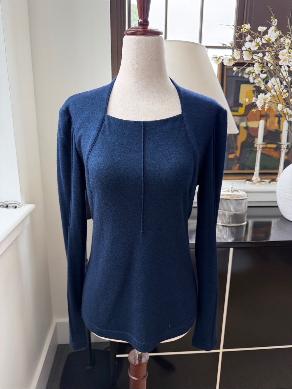 Chado Ralph Rucci Square Neck Cashmere/Silk Knit Top in Navy
